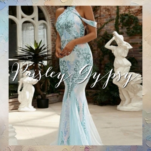BABY BLUE HALTER STYLE, SLEEVELESS BAROQUE MERMAID MAXI DRESS - Picture 4 of 16